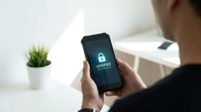 Person holding smartphone with verified secure connection on screen in office