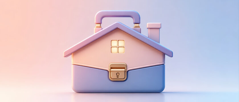 Home security concept with house shaped lockbox in soft pastel colors, symbolizing safety and protection in calm setting
