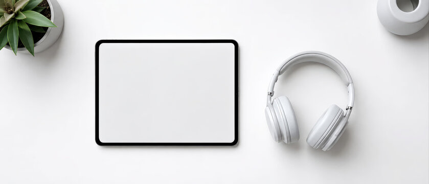 Tablet with blank screen and wireless headphones on white desk with plant and cup, creating calm and clean workspace atmosphere