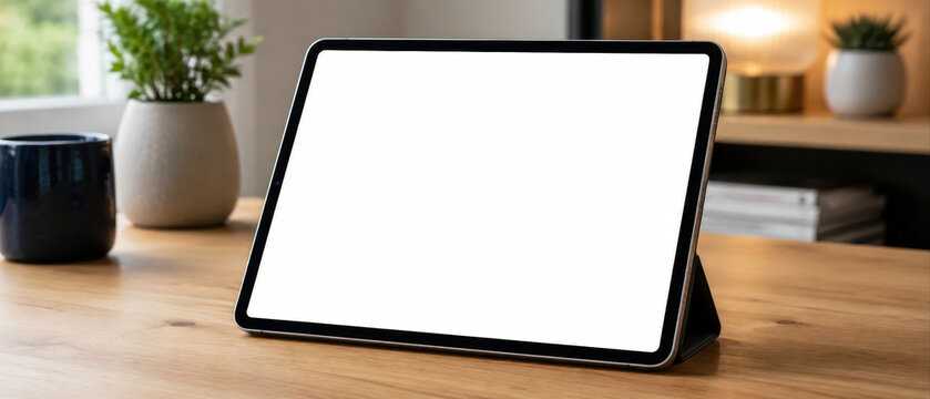 Tablet with blank screen on wooden desk in cozy room with plant and lamp, perfect for digital work or entertainment