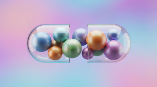 Transparent capsule split open with shiny spheres inside on soft gradient background, conveying health and wellness concept