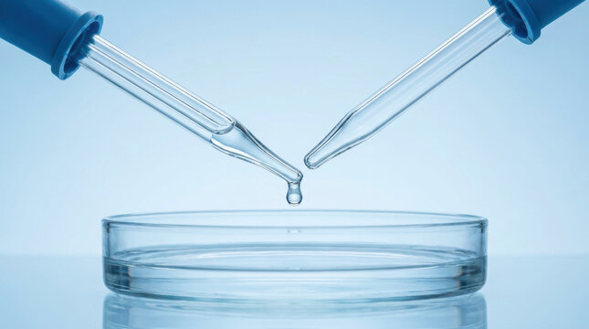 Pipette dripping liquid into petri dish with clear blue background showing scientific experiment and precision