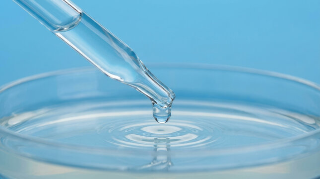 Dropper with liquid dropping into petri dish with water ripple effect on blue background, scientific experiment concept