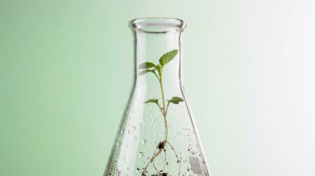 Plant seedling flask laboratory growth science green root water glass biology experiment research sprout young nature isolated transparent fresh