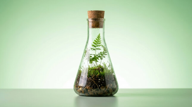 Plant seedling growing in glass flask with cork stopper, moss and soil inside, isolated on green background with soft light