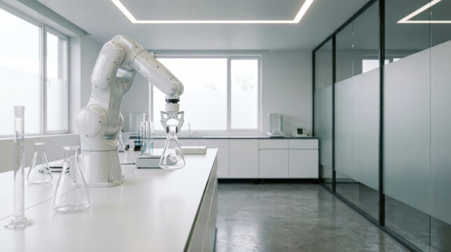 Robotic arm holding laboratory glassware in clean modern lab with natural light and reflective surfaces creating calm atmosphere