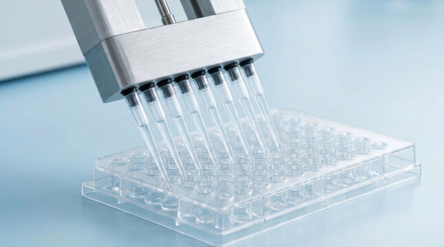 Automated pipette dispenser with multiple tips dispensing liquid into clear plastic microplate for laboratory testing and research