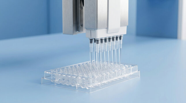 Robotic pipette dispenser with multiple tips dispensing liquid into clear plastic microplate on blue surface in laboratory setting