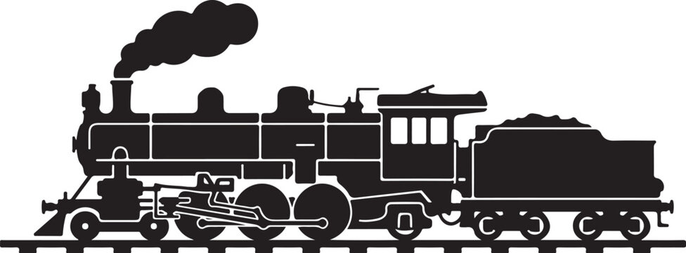 Vintage steam locomotive, black silhouette, train icon, railroad graphic