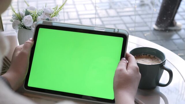 Person holds tablet with green screen, sits at cafe table. Hands steady, focused on device. Coffee cup and flowers nearby. Ideal for apps, digital content, or marketing visuals