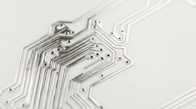 Shiny metal circuit path on white surface with detailed electronic connections and holes for components, showing modern technology design