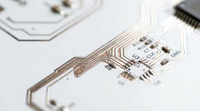 Shiny metal circuit path on white electronic board with microchip and detailed connections in close up view