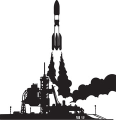 Obraz premium Rocket launch, space shuttle, black silhouette, launchpad, space exploration