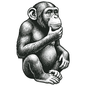 Vector engraving illustration of a sitting chimpanzee in a thinking pose. Monochrome vintage monkey portrait isolated on a white background.