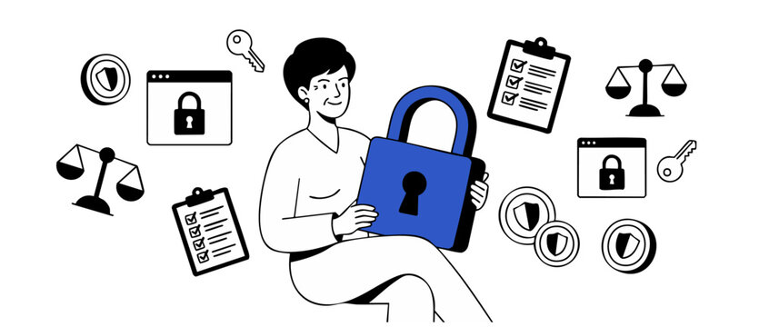 Cyber security data privacy illustration of woman holding large blue padlock managing compliance, legal rules, and computer protection, ensuring concepts of digital safety, risk management, and trust.