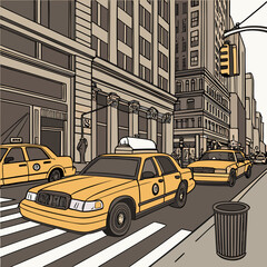Fototapeta premium Yellow Taxi Cabs, City Street Scene, Urban Landscape, Transportation Vector