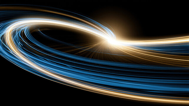 Fast glowing fiber optic light streams in orbital motion. Dynamic blue and golden energy vortex showing data flow. Digital finance abstract concept for high speed technology background.