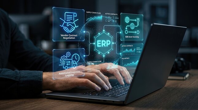 A business professional working on a laptop with holographic displays showcasing erp software data analytics and digital collaboration tools in a modern workspace.