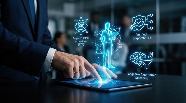 Innovative business technology for recruiting and human resources management featuring a digital interface with a holographic display of corporate workflows and processes