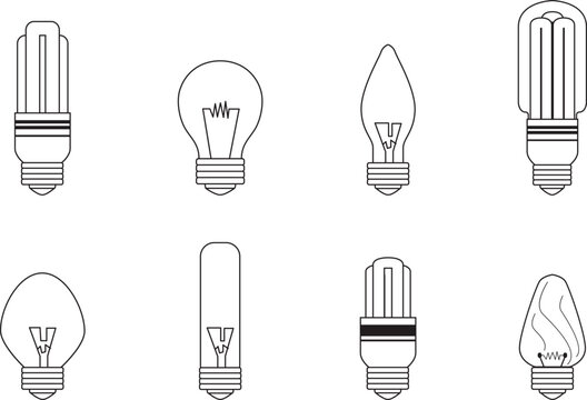 Collection of various light bulb types and designs in simple line art style isolated on transparent background