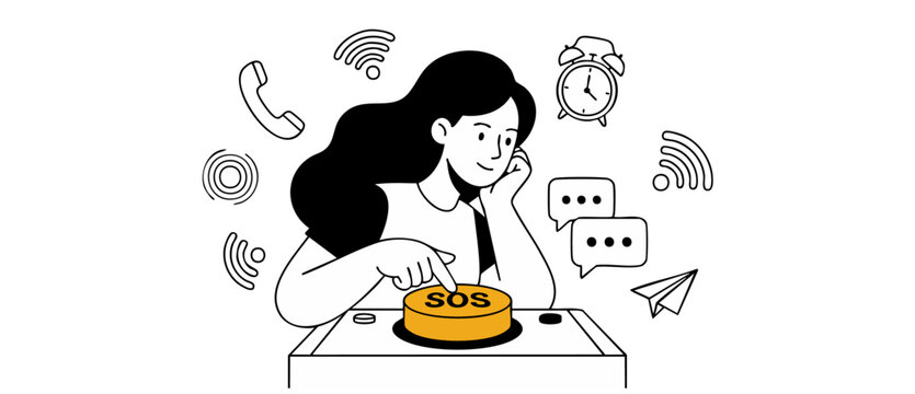 Woman pressing SOS emergency button vector style illustration calling for help, isolated minimalist line art background with message bubble, telephone handset, alarm clock and communication icon sets.