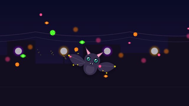 Cute Cartoon Bat Flying Through A Magical Night Sky With Glowing Particles.