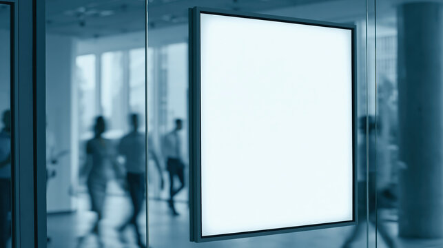 Blank canvas, glass wall, office hallway, framed poster, empty sign, modern interior