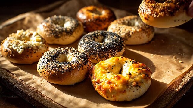 Freshly baked bagels with various toppings