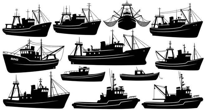 Commercial fishing boat and industrial trawler silhouettes