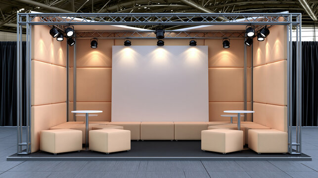 Trade show booth empty display blank panel exhibition stand indoor venue modern design beige panel stage setup lighting fixture