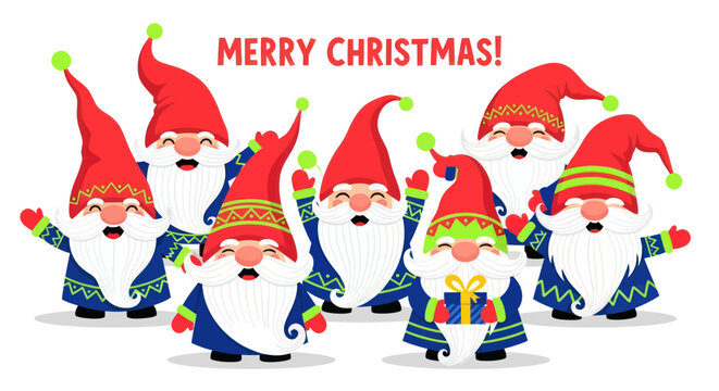 Cheerful christmas gnomes group celebrating with a holiday greeting