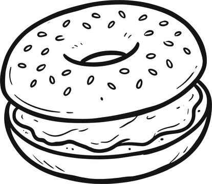 New York bagel with cream cheese hand drawn black and white line art illustration