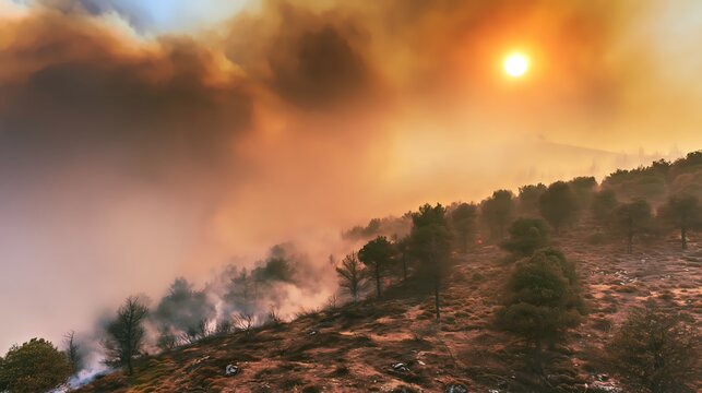 Dramatic Wildfire Smoke Rising Over Burning Forest Hillside at Sunset

