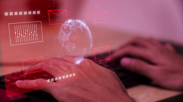 Cyber security awareness concept showing an email inbox with spam or virus alerts, warning signs for suspect emails, junk mail, and internet security.