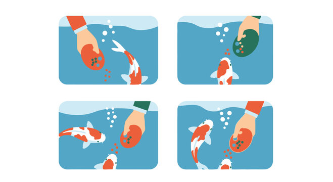 Illustration Set of People Feeding Colorful Koi Fish in Pond