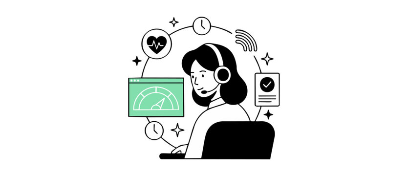 Customer support agent wearing headset working online to monitor performance metrics dashboard, flat vector illustration line art style for business website layout design, helpline operator service.
