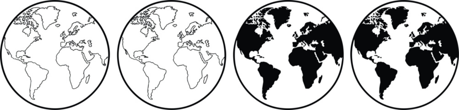 Four globe representing the planet earth, featuring two outline versions and two solid black versions on a plain white background, for maps