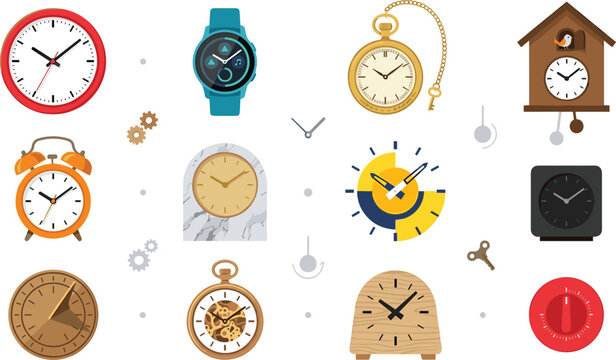 Clocks and Watches Vector Set with Wall Clock, Smartwatch, Pocket Watch, Cuckoo Clock, Alarm, and Sundial Elements for Time Management, Scheduling, and History Graphics