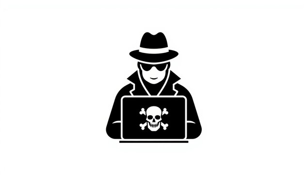 Black silhouette icon of a computer hacker with a skull laptop