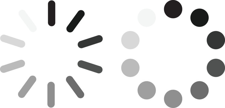 Loading bar icons, progress bar loading signs, collection loading status bar in different design. Black and grey circular loading spinner icon isolated on
