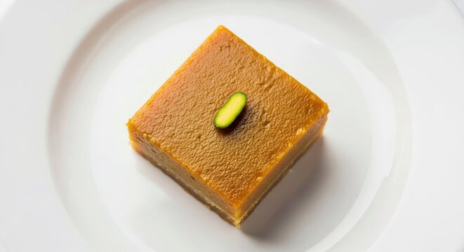 Square Piece of Pumpkin Flan With Pistachio on White Plate