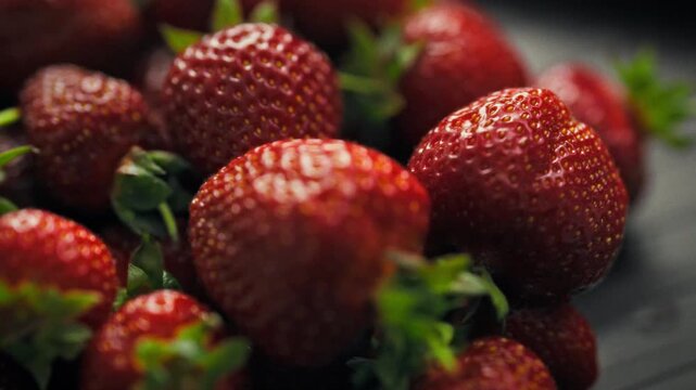 Freshly picked berries, summer harvest of fresh strawberries with leaves lies on the table. Preparing berries for making a healthy red berry dessert