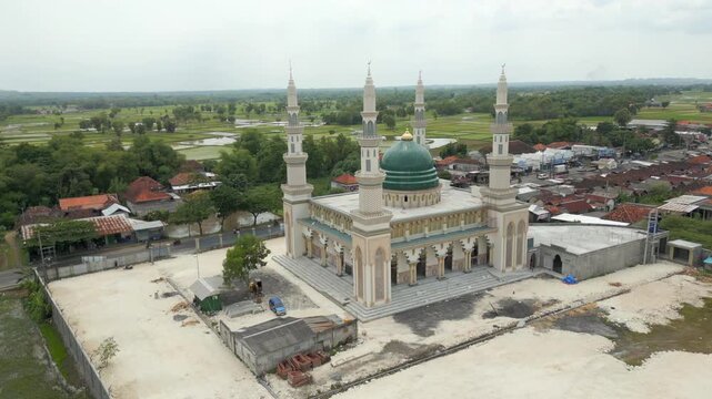 Green Muslim Mosque Madura Island Countryside Near Road Indonesia Drone Circling 4K 60FPS