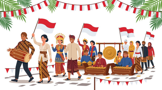 A vibrant illustration showcasing diverse Indonesian people in traditional attire celebrating national independence with flags and cultural music, set against a festive backdrop.