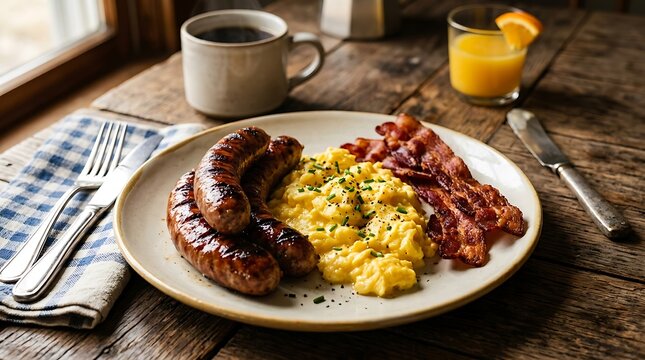Delicious breakfast plate with sausages and scrambled eggs