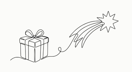 Continuous line drawing of a gift box connected to a shooting star, symbolizing wishes and celebrations. © Lancar