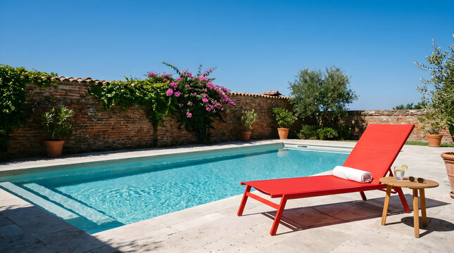 Swimming pool featuring clear blue water and a vibrant red lounge chair sits in a sunlit Mediterranean courtyard, offering a tranquil setting for summer vacation and leisure travel advertisements.