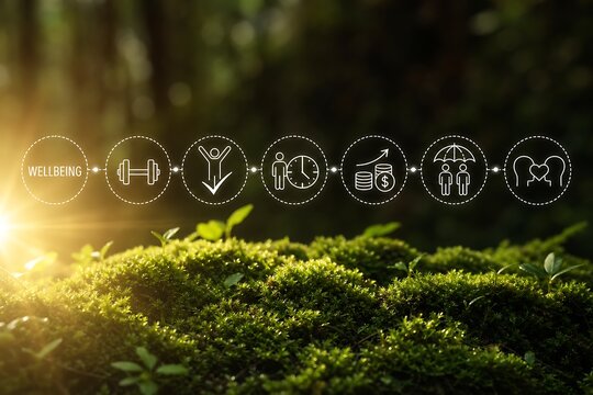 Sustainable development goals icons on mossy forest floor with morning light