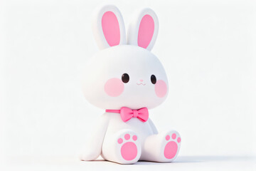 Fototapeta premium A stylized 3D white rabbit figurine with pink accents, featuring a bow, paw prints, and round cheeks, set against a plain white background.