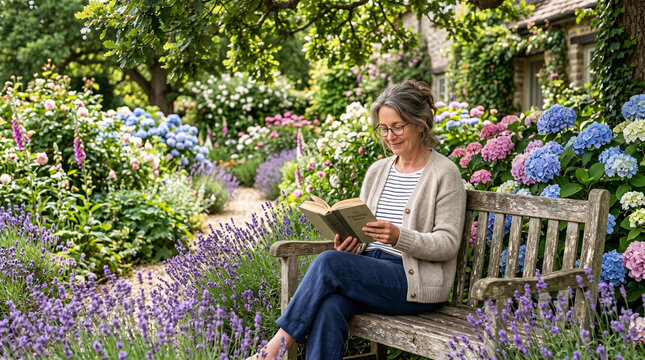 Mature woman reading book on wooden bench in blooming cottage garden